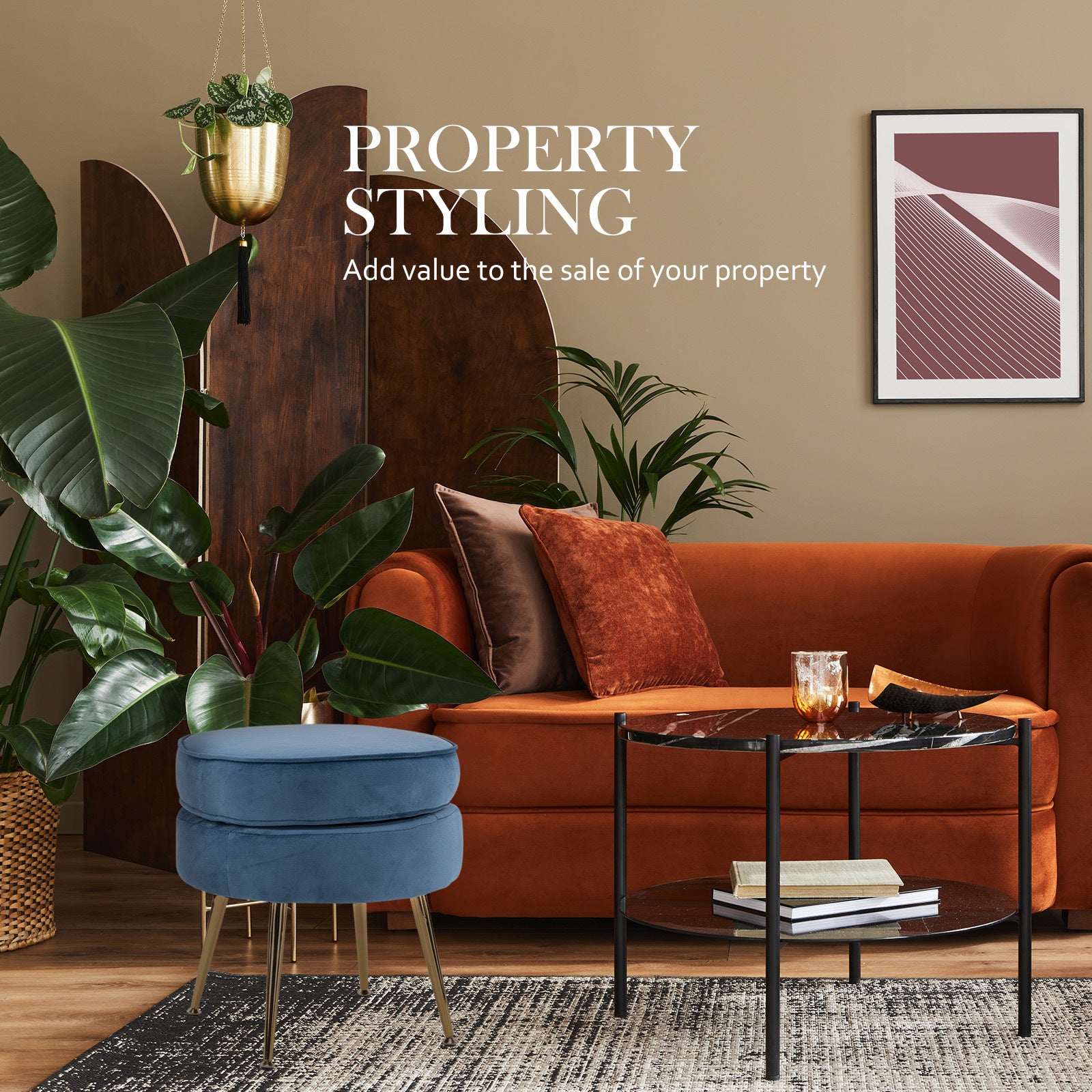 La Bella Velvet Round Ottoman with Gold Legs