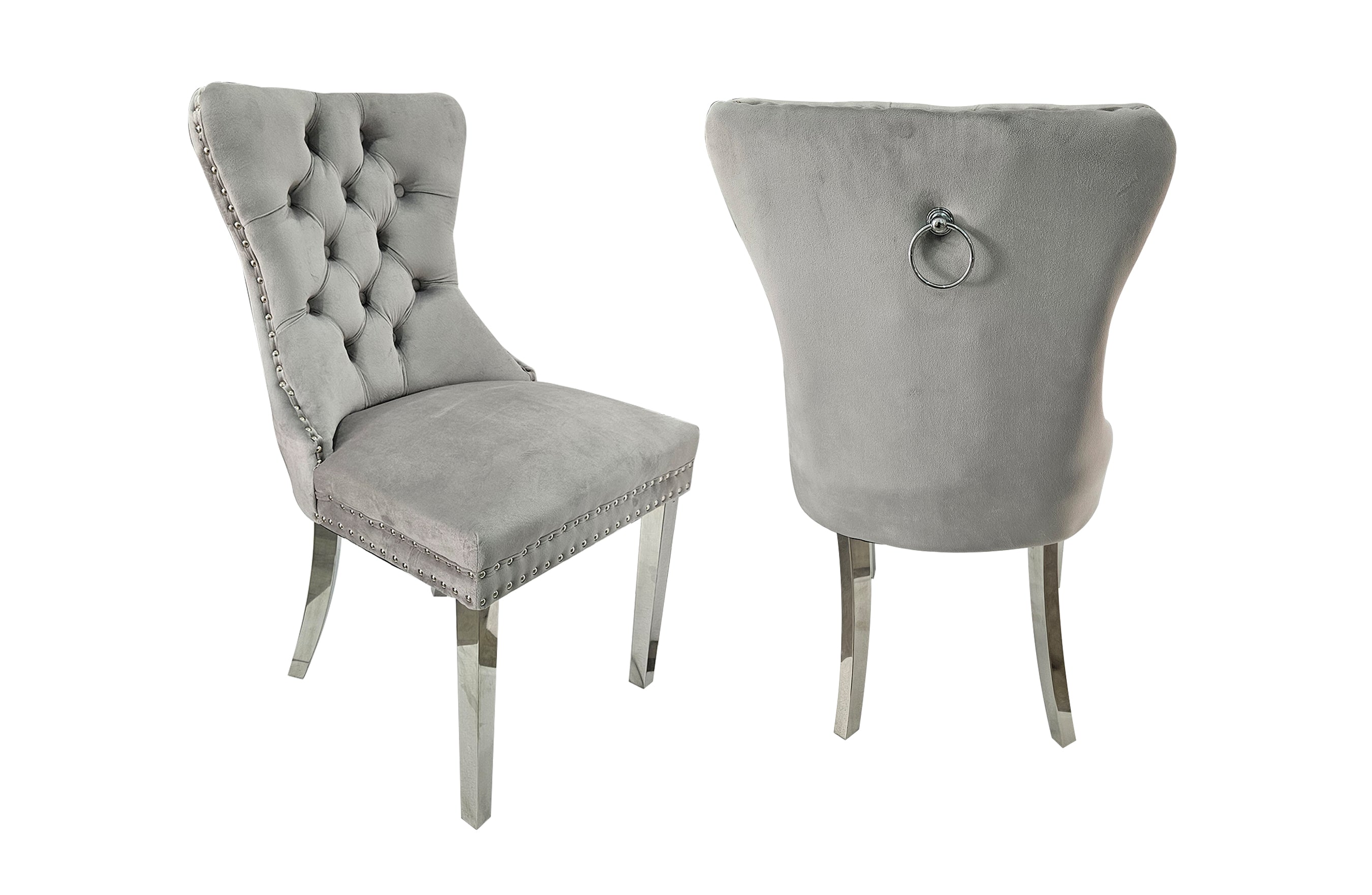 Polished Steel Dining Chair Set - Light Grey Velvet