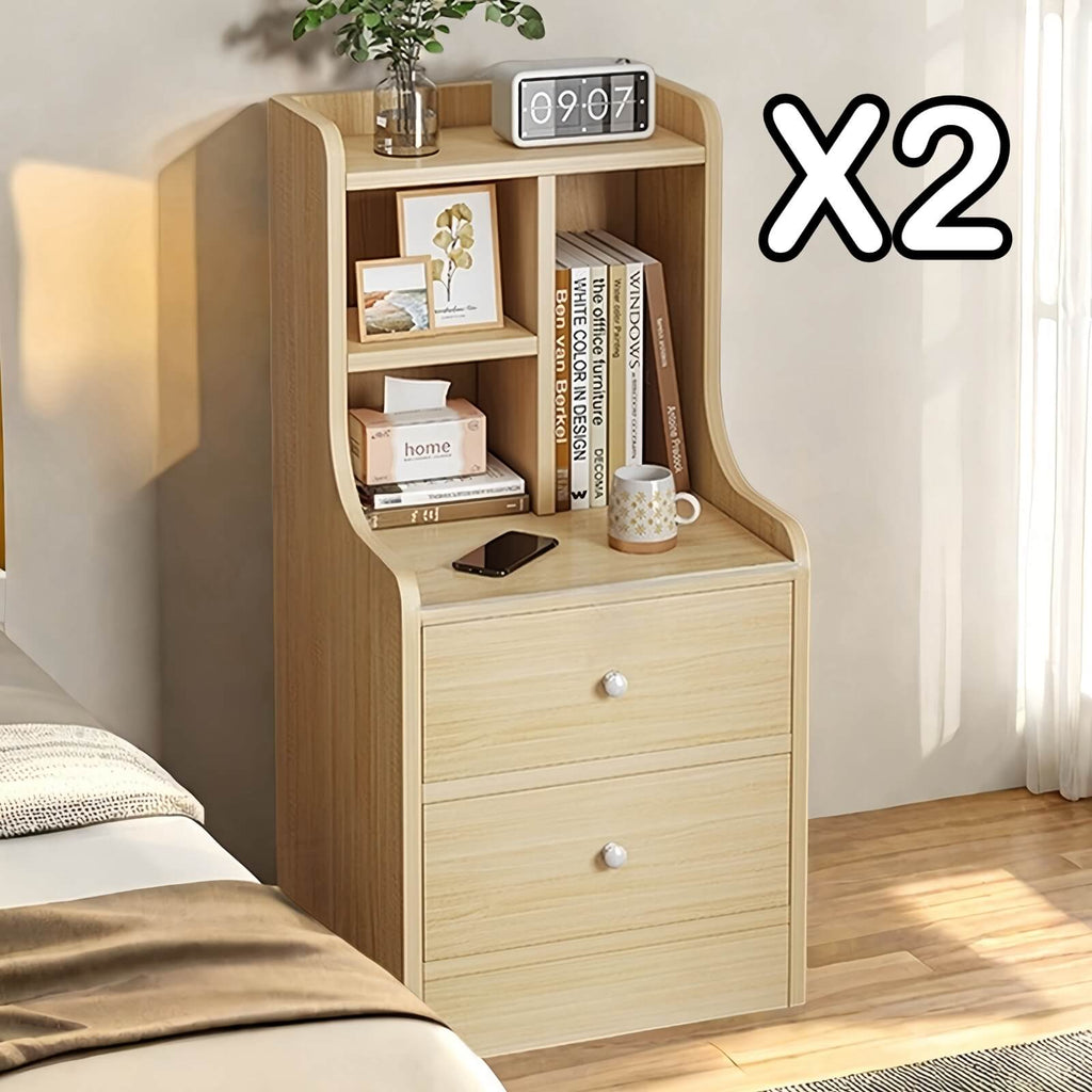2x bedside table set light wood grain drawers metal slides bedroom furniture