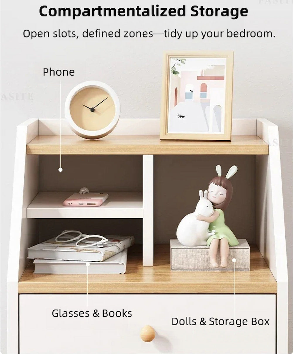 Compact Nightstand Wooden Legs Open Shelves Side Compartment White Wood Design