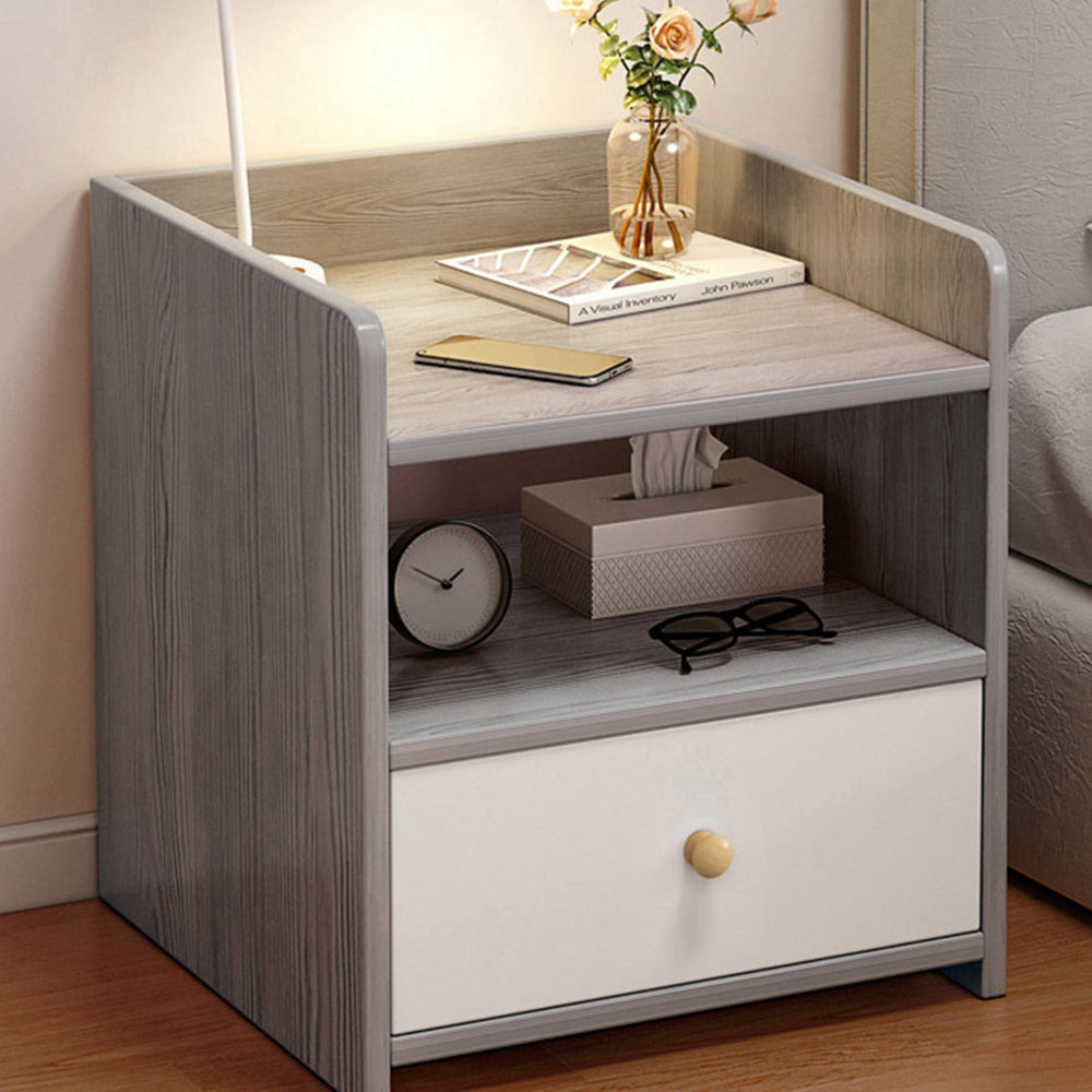 Modern Nightstand Light Gray Wood Grain Safety Tray Storage White Drawer 48cm