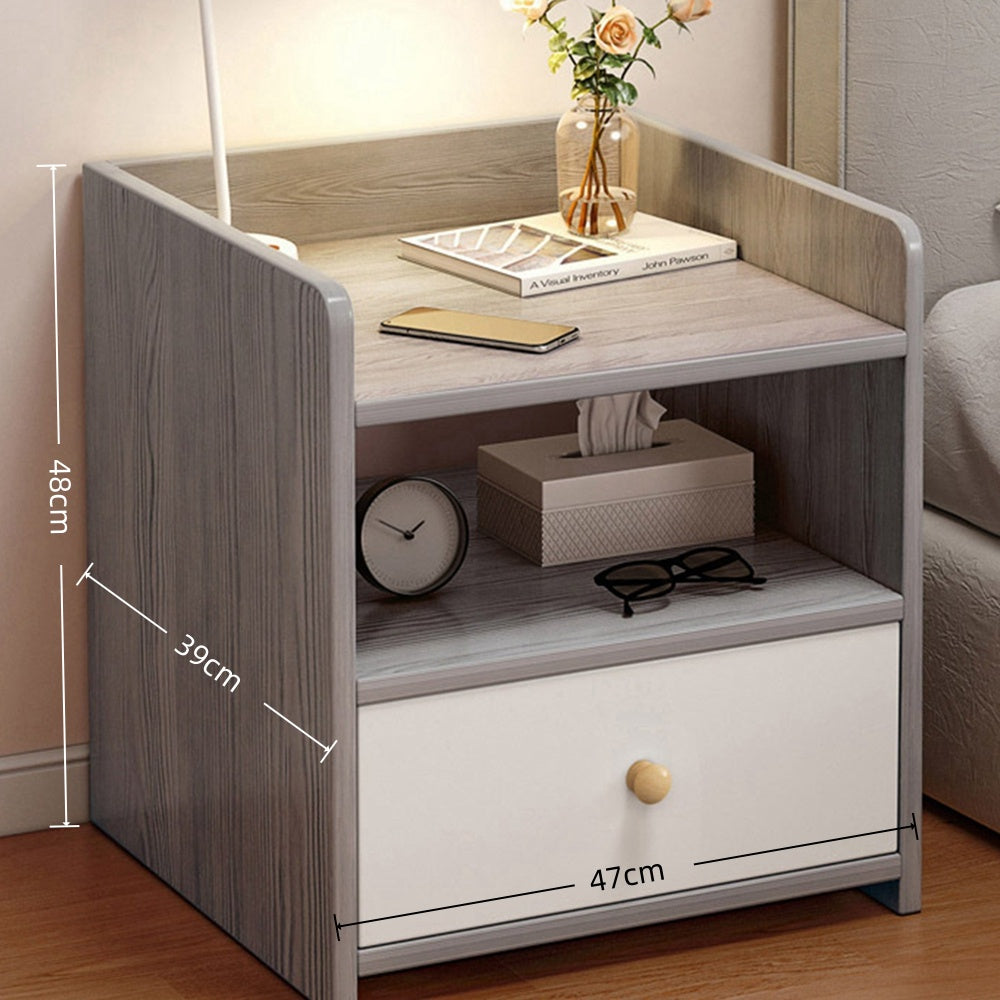 Modern Nightstand Light Gray Wood Grain Safety Tray Storage White Drawer 48cm