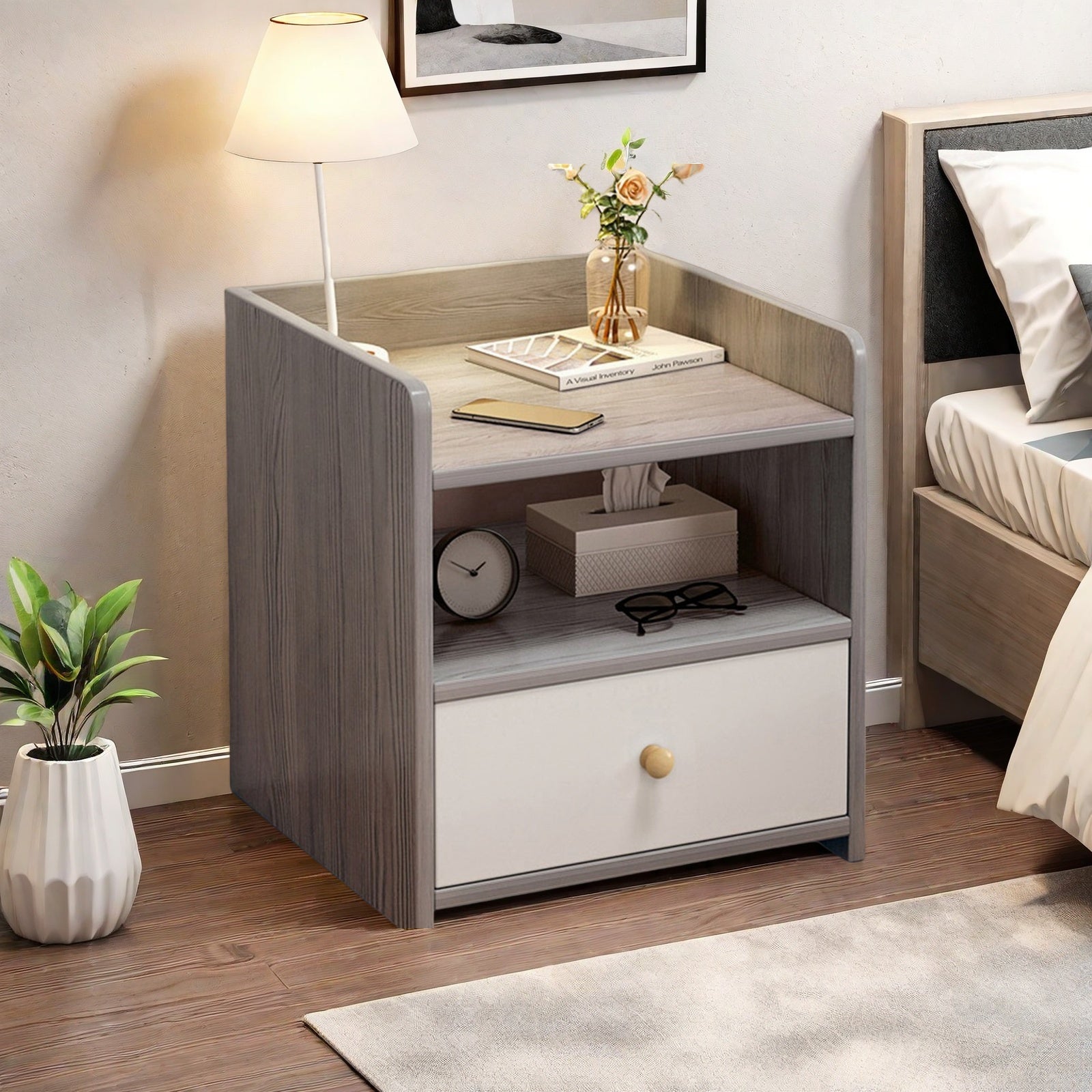 Modern Nightstand Light Gray Wood Grain Safety Tray Storage White Drawer 48cm