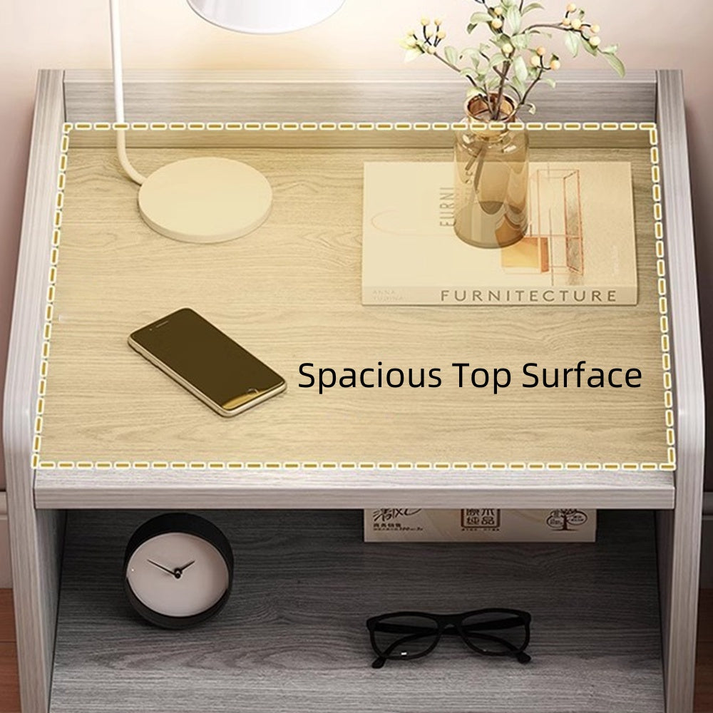 Modern Nightstand Light Gray Wood Grain Three Drawers Safety Tray Top Wooden Knobs