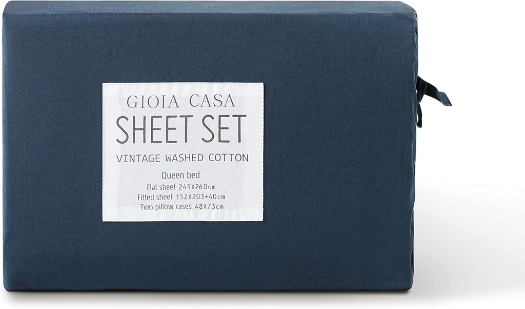 Vintage Washed 100% Cotton Soft Breathable Sheet Set - Dark Indigo - King Single