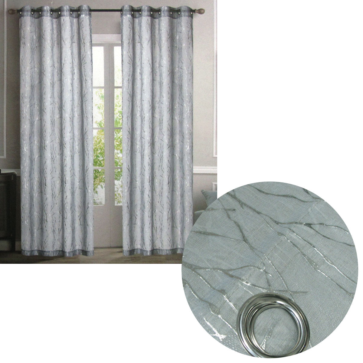 Elegant Grey Sheer Eyelet Curtains with Silver Foil