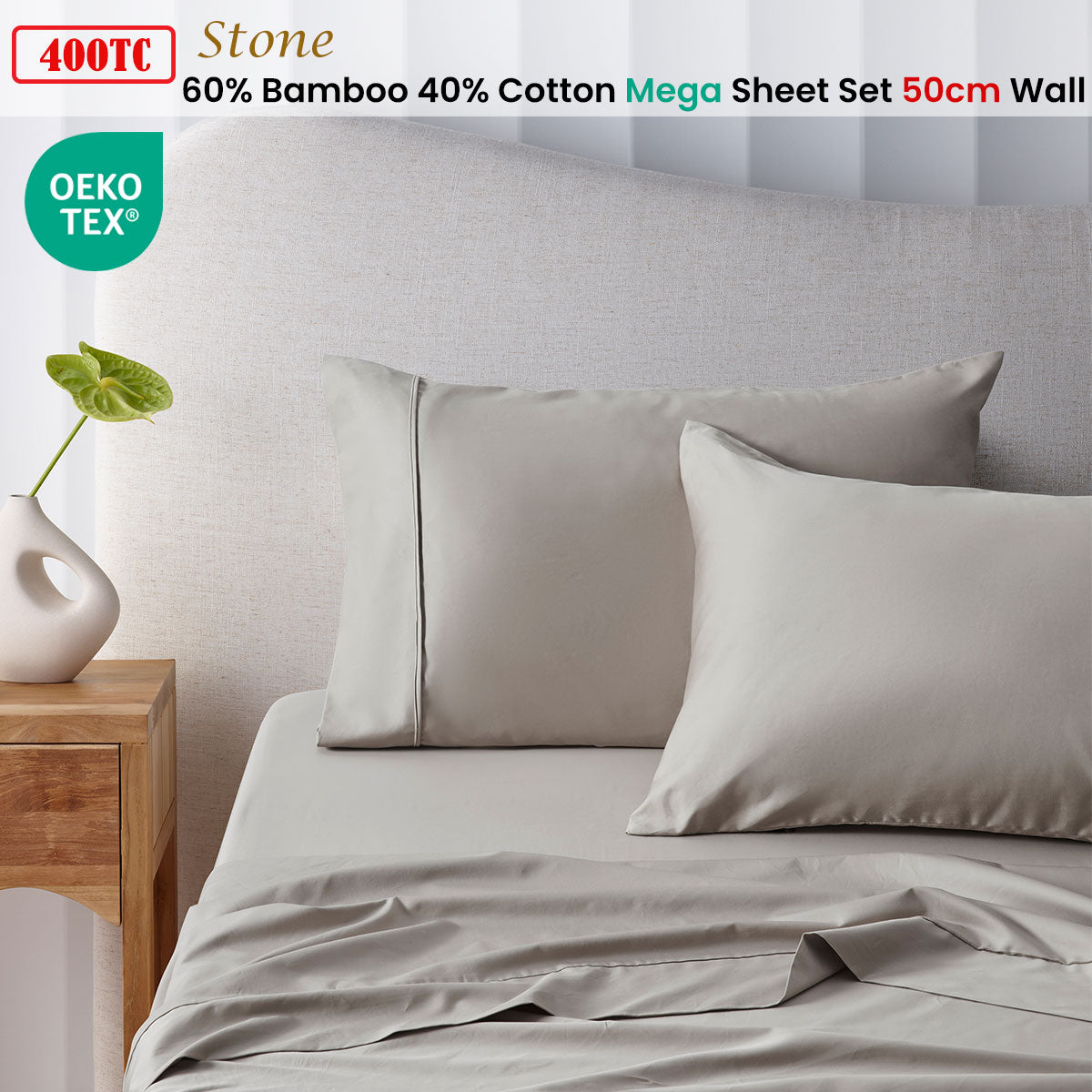 Accessorize 400TC Stone Bamboo Cotton Mega / Super Sheet Set Luxury Bed Linen