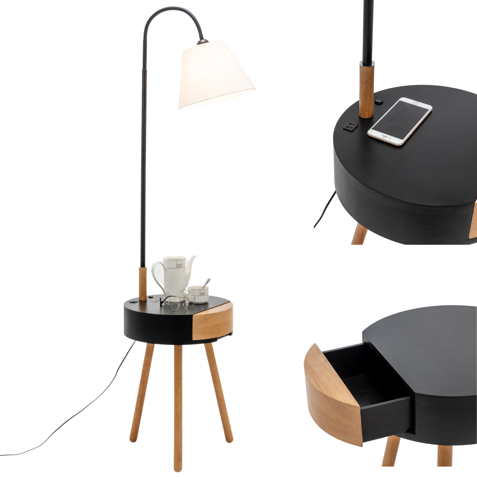 Elegant Tripod Lamp with Storage and USB Charger