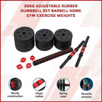 20kg Adjustable Rubber Dumbbell Set Barbell Home GYM Exercise Weights