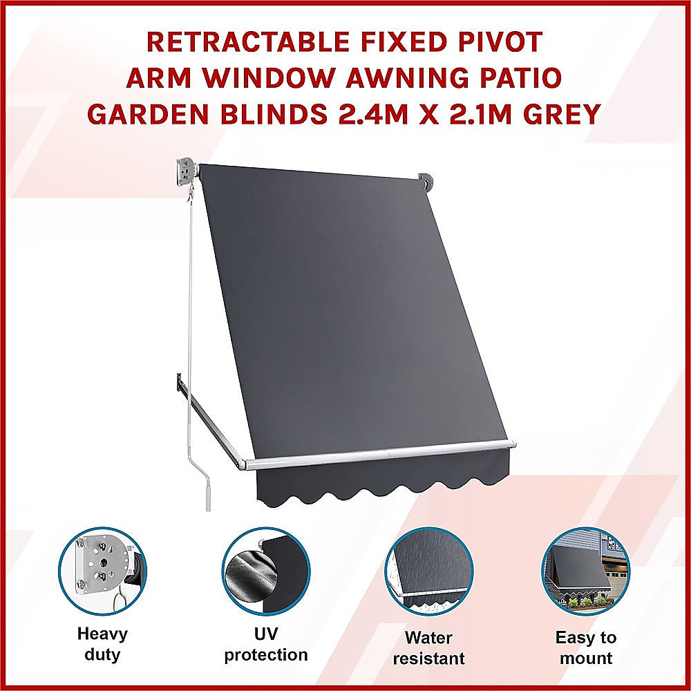 Retractable Fixed Pivot Arm Window Awning Patio Garden Blinds 2.4m x 2.1m Grey