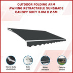 Outdoor Folding Arm Awning Retractable Sunshade Canopy Grey 3.0m x 2.5m