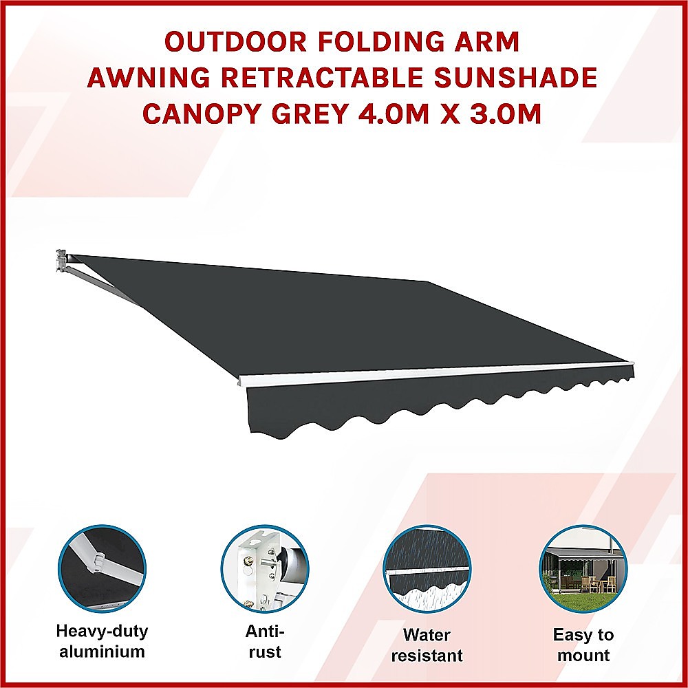 Outdoor Folding Arm Awning Retractable Sunshade Canopy Grey 4.0m x 3.0m