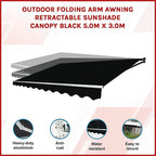 Outdoor Folding Arm Awning Retractable Sunshade Canopy Black 5.0m x 3.0m