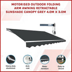 Motorised Outdoor Folding Arm Awning Retractable Sunshade Canopy Grey 4.0m x 3.0m