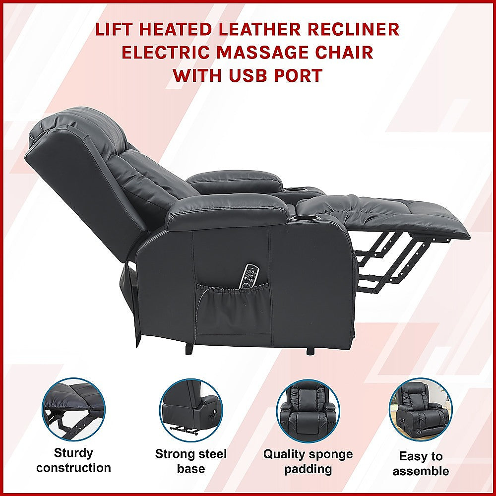 Lift Heated Leather Recliner with Electric Massage and USB Port