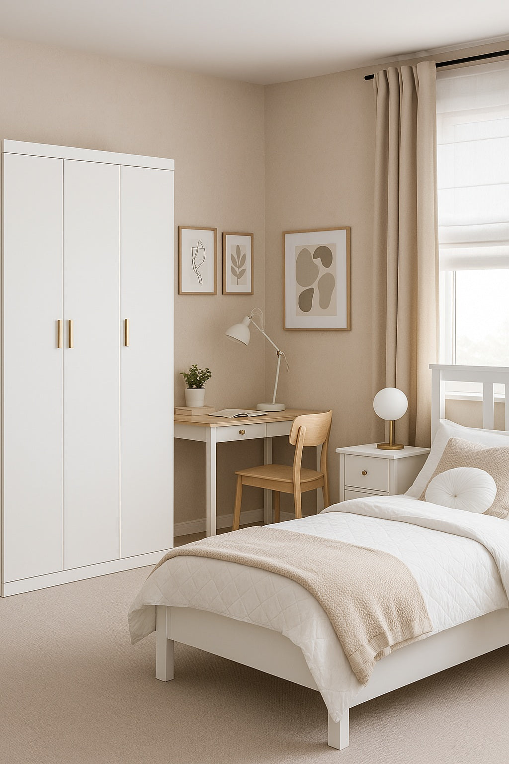 Elegant 3 Door White Gloss Wardrobe with Gold Handles
