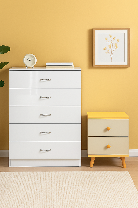 Elegant 5-Layer White Drawer Chest with Bedside Table