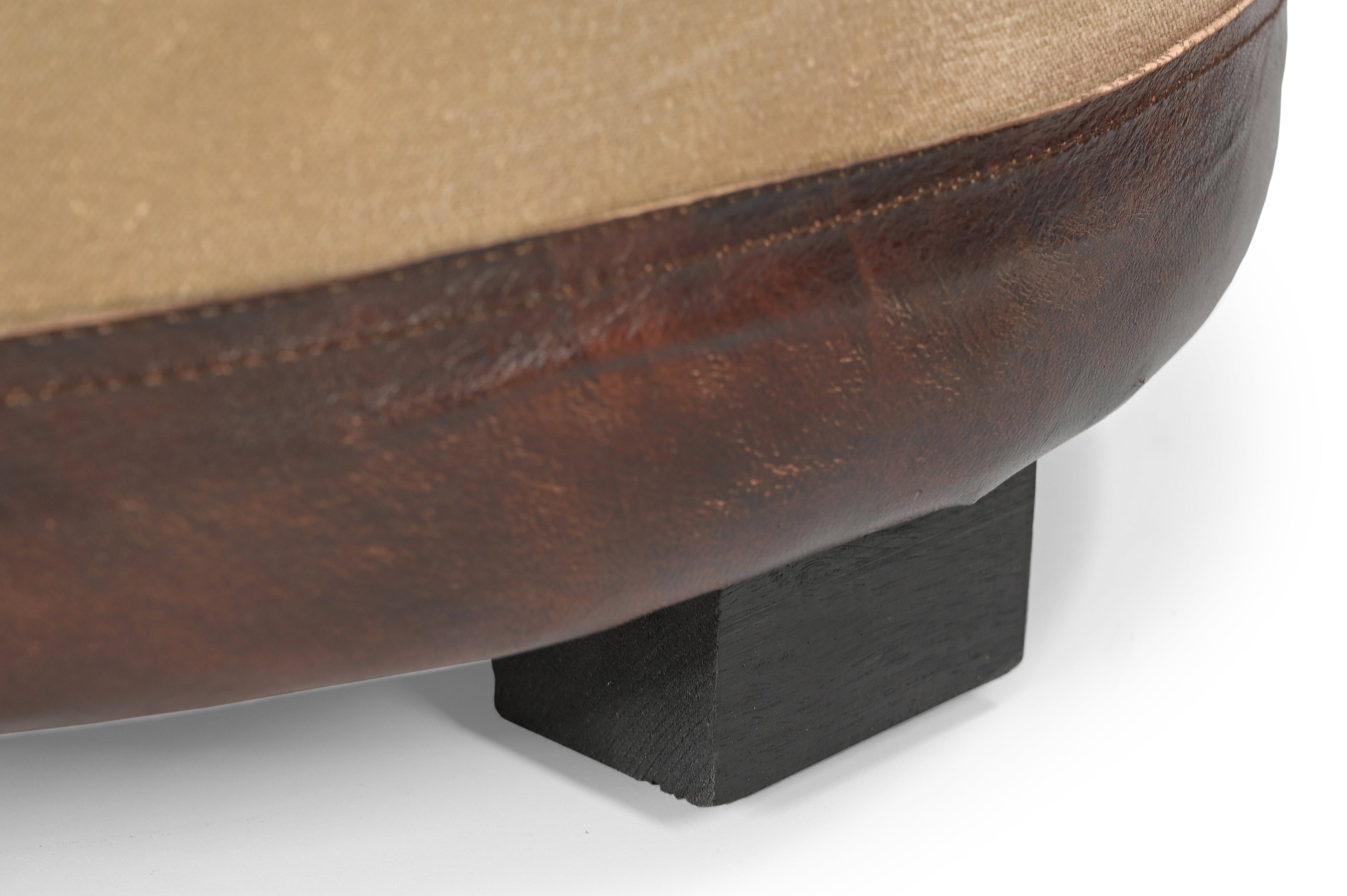 Vintage Round Leather & Canvas Ottoman