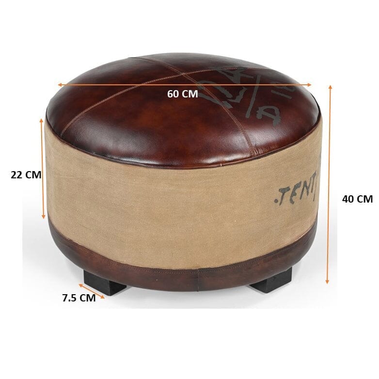 Vintage Round Leather & Canvas Ottoman