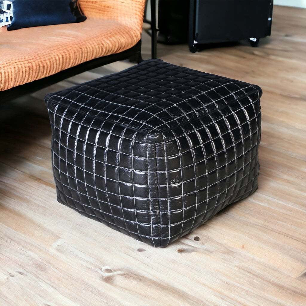 Sleek Black Genuine Leather Ottoman