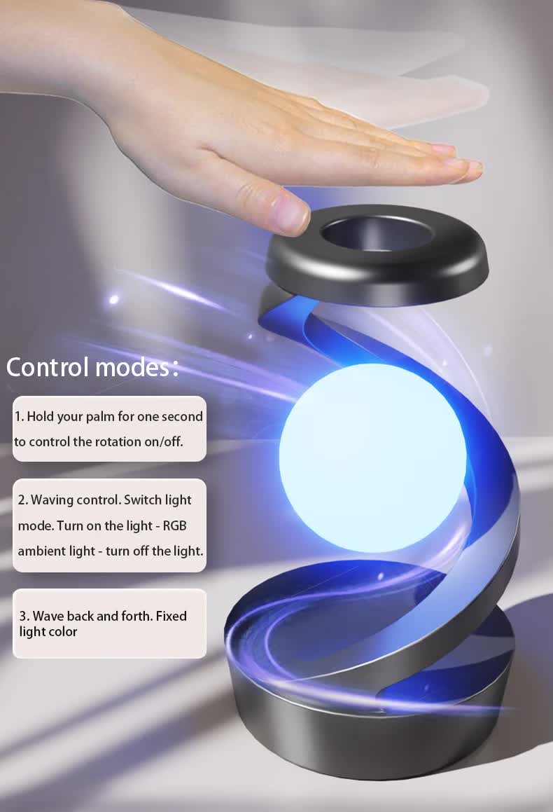 Black 360° Rotating Floating Night Light – Wireless Charging Table Lamp | 7-Color RGB Atmosphere Light | USB Rechargeable for Bedroom, Bedside, Desk, Camping, and Party Décor