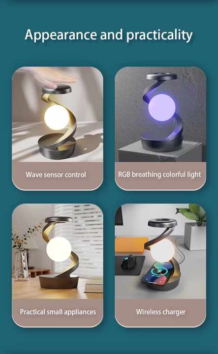 Black 360° Rotating Floating Night Light – Wireless Charging Table Lamp | 7-Color RGB Atmosphere Light | USB Rechargeable for Bedroom, Bedside, Desk, Camping, and Party Décor