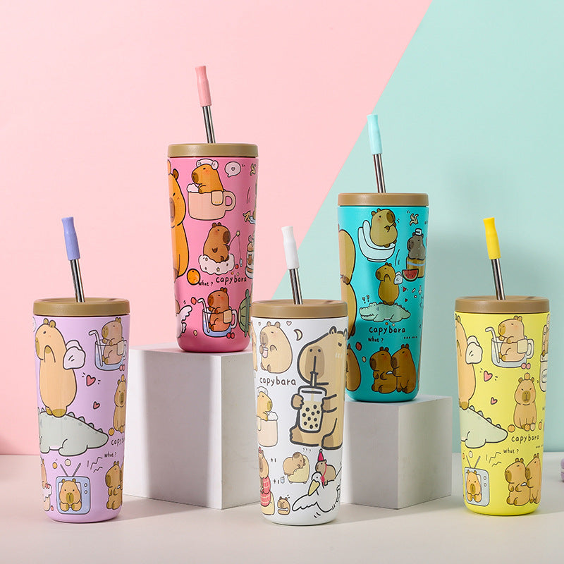 304 Stainless Steel Insulated Tumbler,Cartoon Design Portable Straw Cup for Home and Office(Pink)