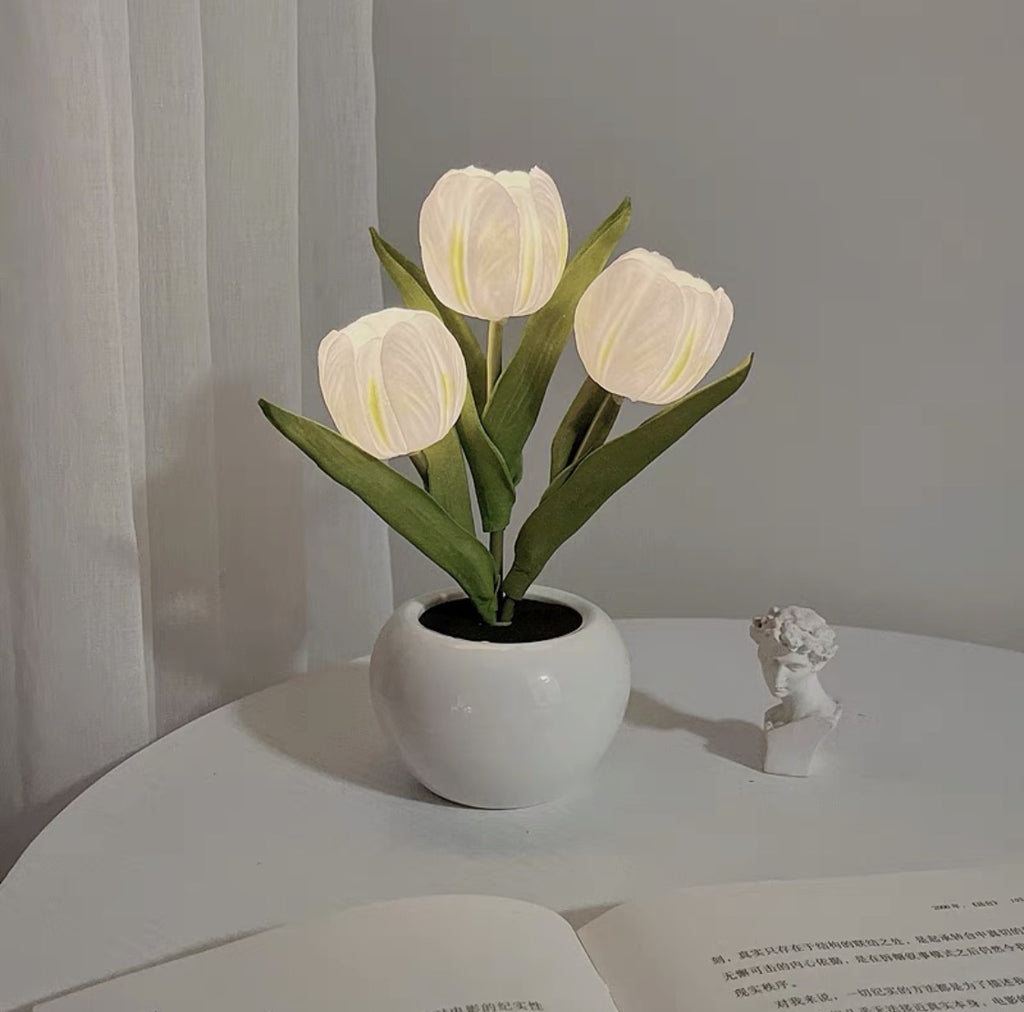 White Charging model Artificial Tulip Bouquet LED Light - Ceramic Pot Desk Lamp