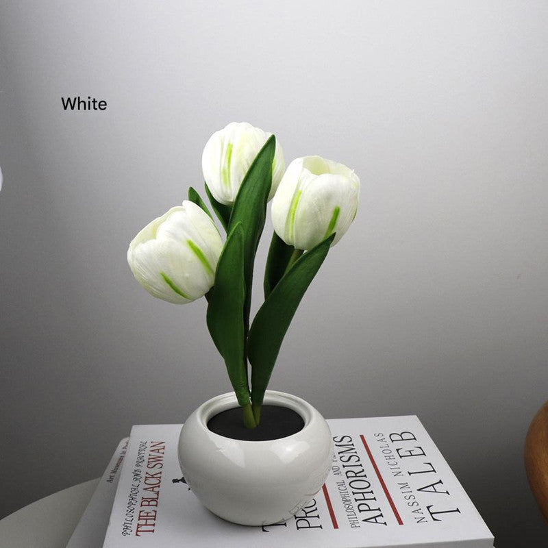 White Charging model Artificial Tulip Bouquet LED Light - Ceramic Pot Desk Lamp