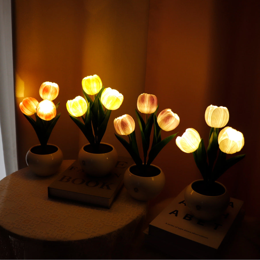 Orange Charging model Artificial Tulip Bouquet LED Light - Ceramic Pot Desk Lamp