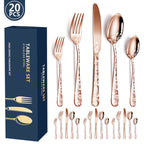 Rose Gold Elegant 20-Piece Stainless Steel Cutlery Set with Floral Design - Dinner & Steak Knives, Forks, Spoons