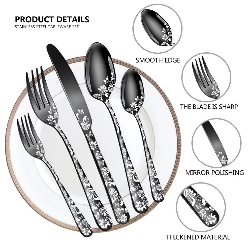 Rose Gold Elegant 20-Piece Stainless Steel Cutlery Set with Floral Design - Dinner & Steak Knives, Forks, Spoons