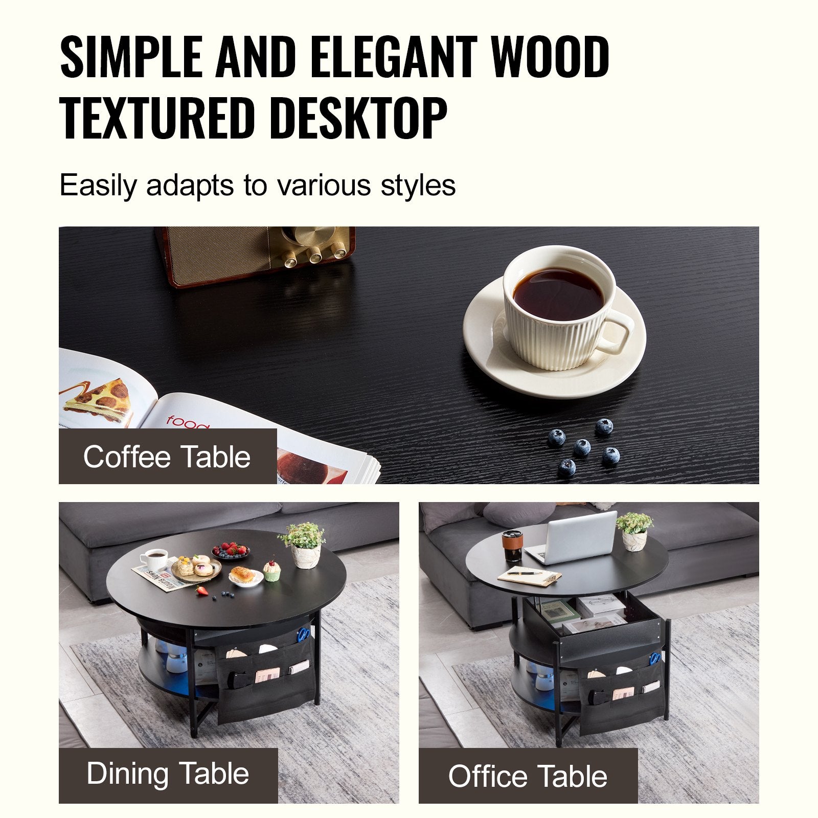 VEVOR Adjustable Lift Top Black Coffee Table