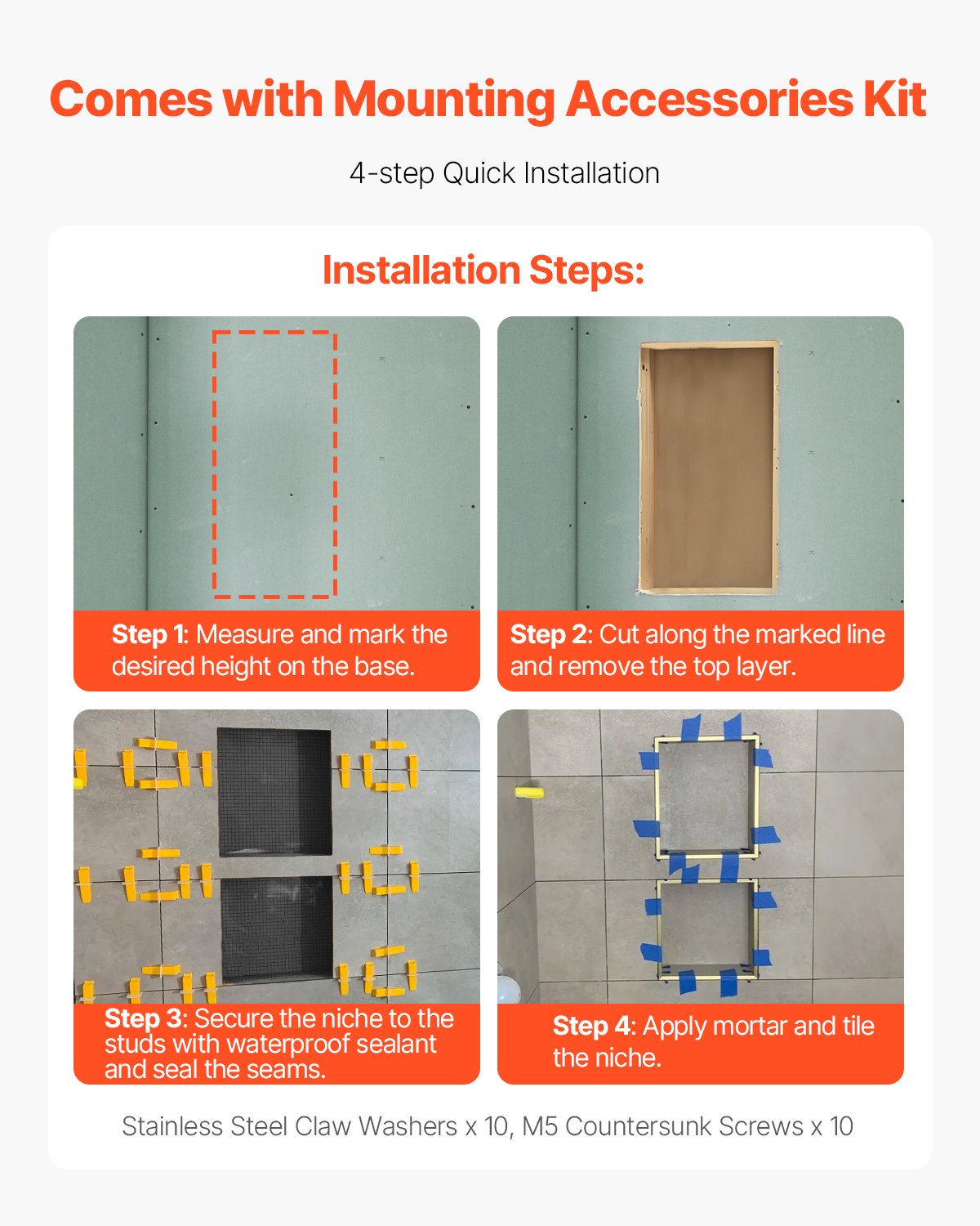 VEVOR Shower Niche 40.6 x 71.1 x 10.2 cm Recessed Wall Shelf for Bathroom